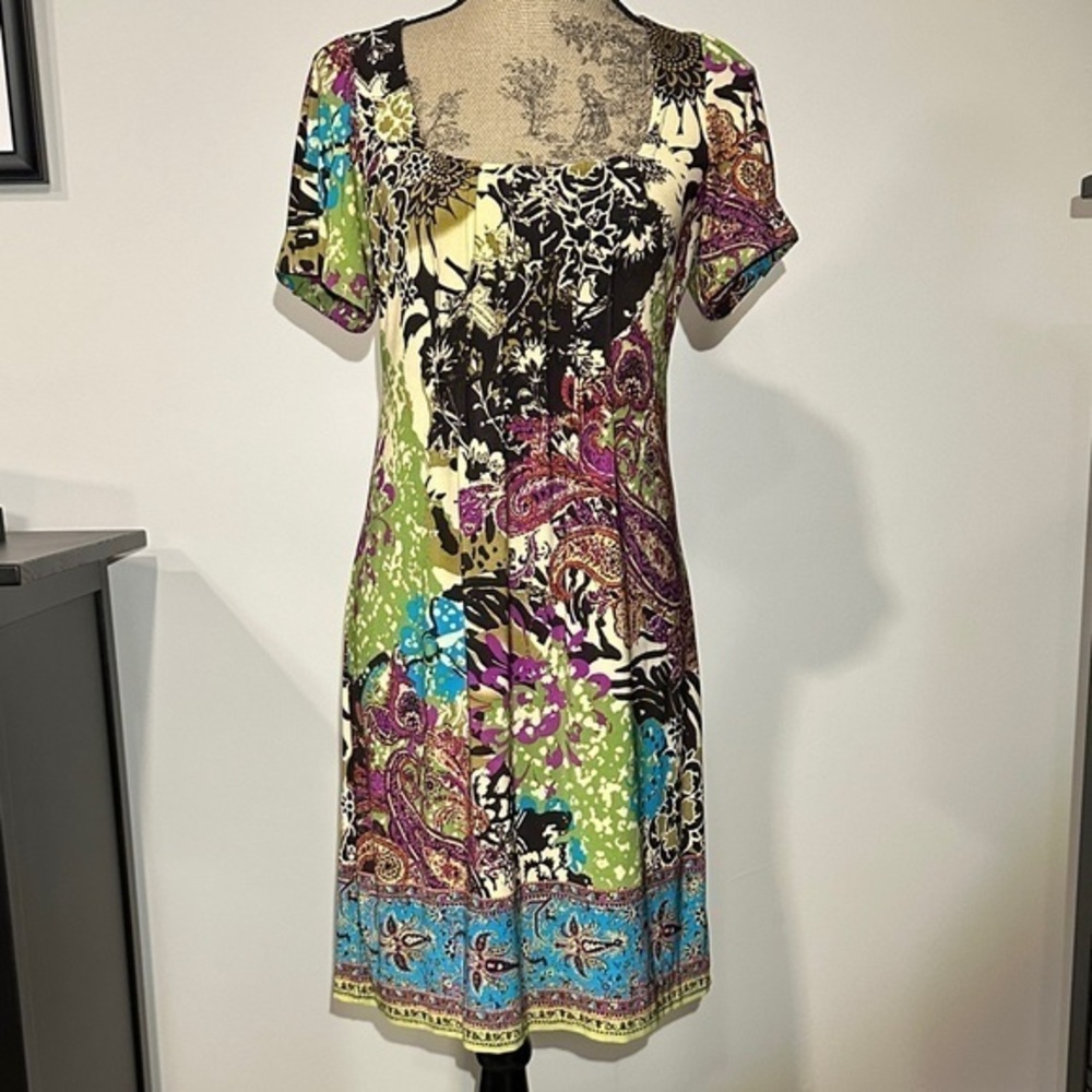 ICE Multicolor Paisley Print Knit mini square neck short sleeve Dress Size 8